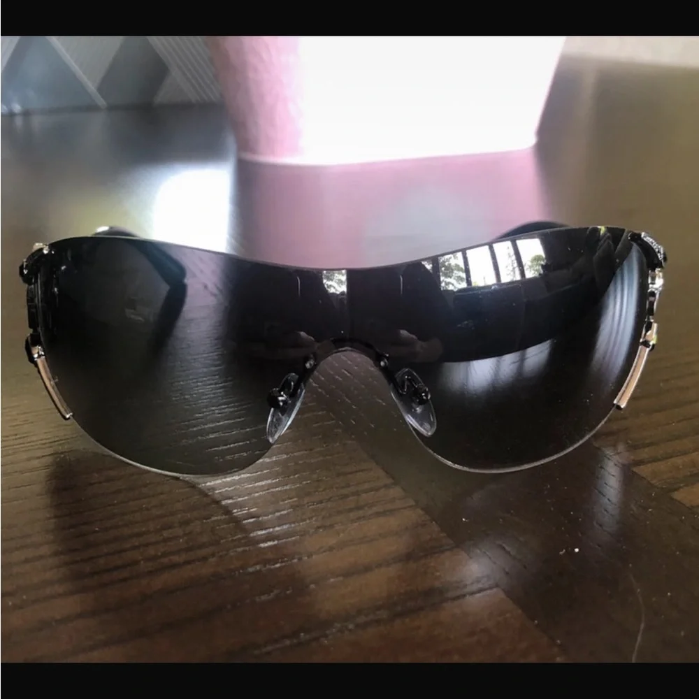 Final, Bulgari Women's Swarovski Crystal Shield Sunglasses in Black.